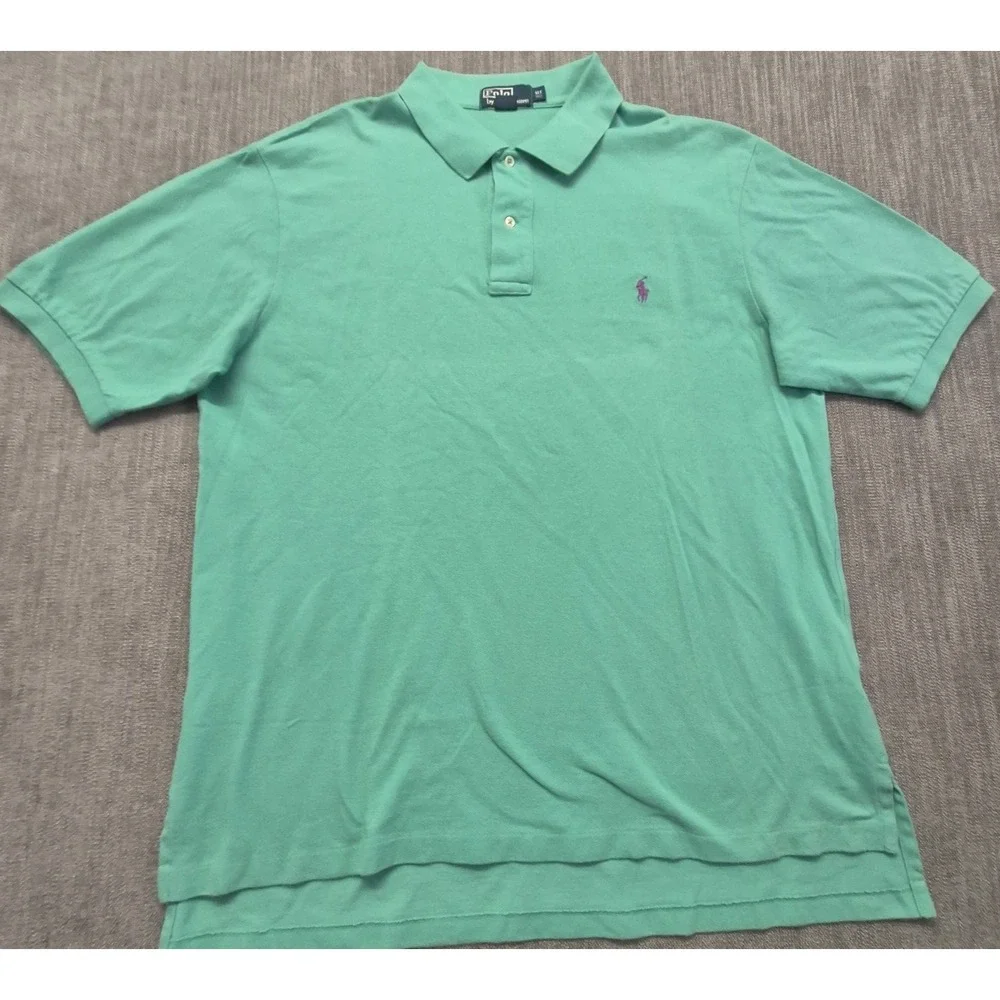 Polo Ralph Lauren mens green polo shirt XLT 100% Cotton purple pony logo Tall XL